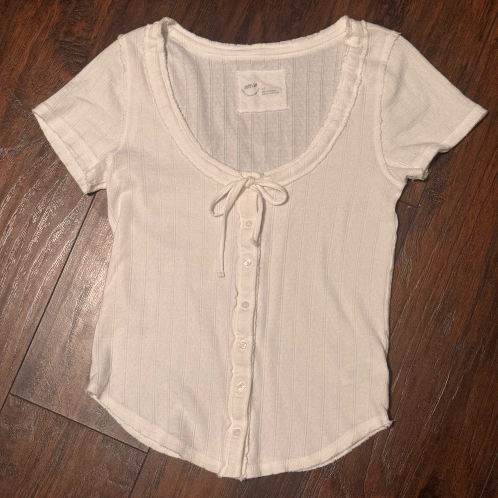 Aerie Sneak Peek Babydoll Short Sleeve Blouse Shirt Women's Small White Boho - Picture 3 of 13